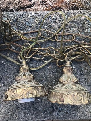 Vintage Hanging Double Pendant Swag Lamp Brass No Shades Only Hardware Rare