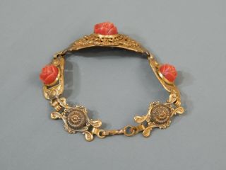 Antique 1860 ' s Victorian Celluloid Faux Coral Carved Rose Brass Panel Bracelet 2