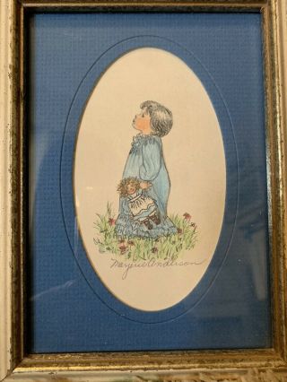 Vintage Sketch Drawing Of Young Girl With Doll Framed Signed Marjorie Anderson