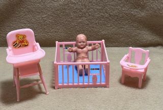 Vintage Renwal Dollhouse Stenciled Playpen,  High Chair,  Potty Chair & Baby