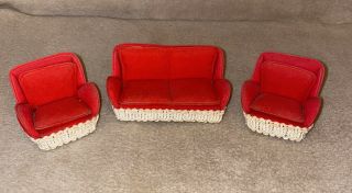 Vintage Upholstered Wooden Dollhouse Furniture Couch And 2 Chairs