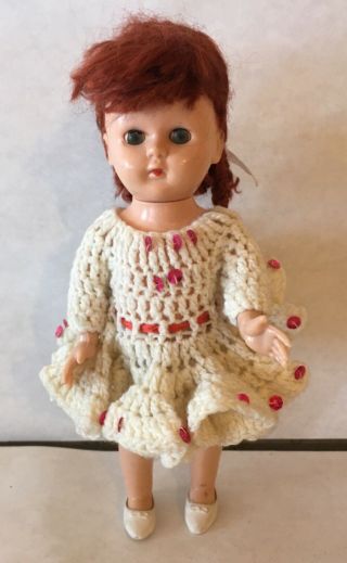 Vintage Hollywood Doll Hard Plastic Walker Red Hair 8” Crocheted Dress