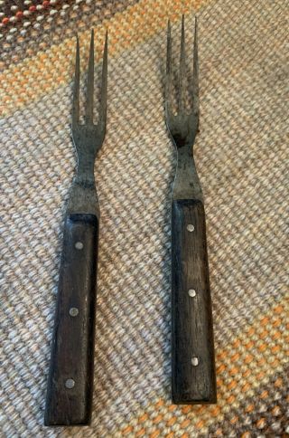 2 Antique Vtg Wood Handle Forks Civil War Era Old West Pioneer Silverware