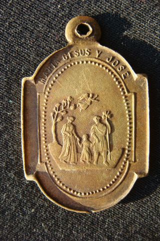 Sacred Heart / Maria,  Jesus & St.  Joseph Rare Antique Bronze Medal Pendant