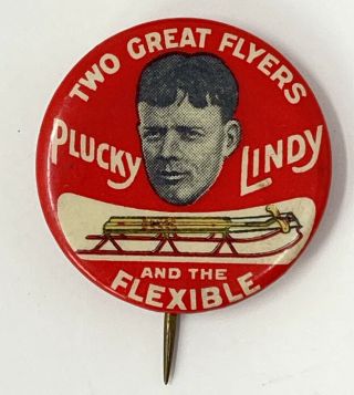 1” Antique Pin - Back 2 Great Flyers - Plucky Lindy (lindberg) & Flexible Flyer (s