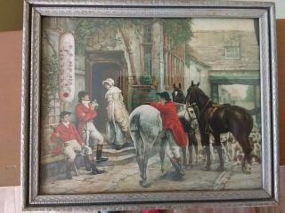 Vintage Litho Of Fox Hunting Scene Horses & Dogs In Wood Frame & Thermometer