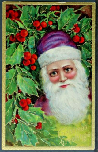 Purple Robe Santa Claus With Holly Antique Embossed Christmas Postcard - A860