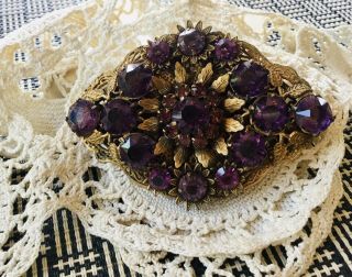 Lg Antique Victorian Purple Old - Cut Glass Amethyst Brooch W/ Flowers