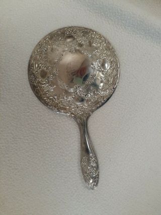 Antique Silver Plate Handheld Round Dresser Mirror