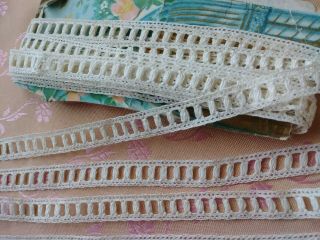Narrow Antique Slotted Lace Trim Tape Lace 3 Yds Cotton Beaded For Silk Ribbon