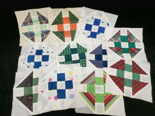 11 Vintage Antique Quilt Blocks Cotton Hand Pieced Churn Dash Pattern 1940s Era