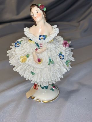 Antique German Dresden Lace Volkstedt Lady Ballerina Dancer Porcelain Figurine