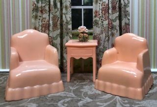 Jaydon Pleated Chairs,  Table Vintage Tin Dollhouse Furniture Renwal Plastic 1:16
