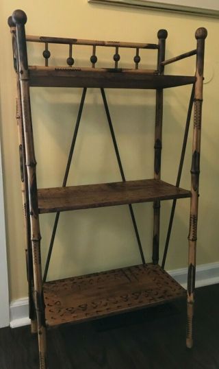 Rare Antique 3 Tier Decorative Bamboo Wood Display Shelf Curio Chippendale Style