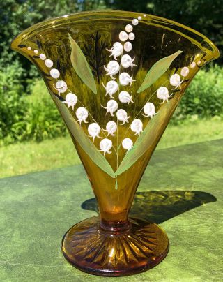 Vintage Amber Glass Fan Vase Hand Painted Enamel Lily Of The Valley White Flower