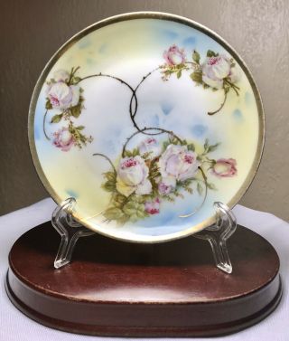 Antique Prussia B Royal Rudolstadt Hand Painted Display Plate Pink Roses Gold 6 "
