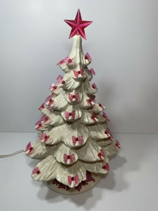 Rare Vintage White Ceramic Christmas Tree 18” W/ Bows & Poinsettia Base