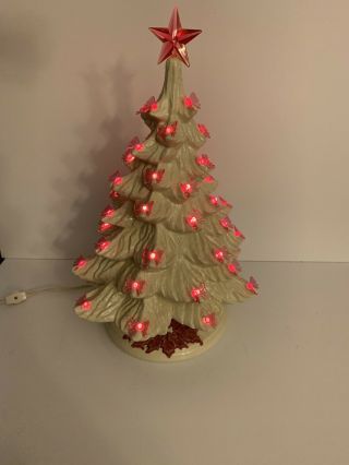 Rare Vintage White Ceramic Christmas Tree 18” W/ Bows & Poinsettia Base 2