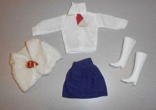 Vintage Barbie Shillman Maddie Mod Fuzzy Vest,  Blouse W/ Tie & Blue Mini Skirt
