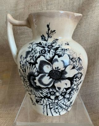 Antique Black Transferware Ironstone Aesthetic Movement Floral Pitcher Unmarked