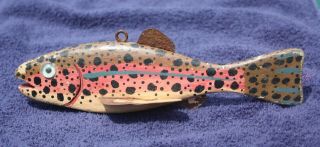 Great Antique Speckled Trout Carved Wood Ice Fishing Lure Folk Art Decoy Tin Fin