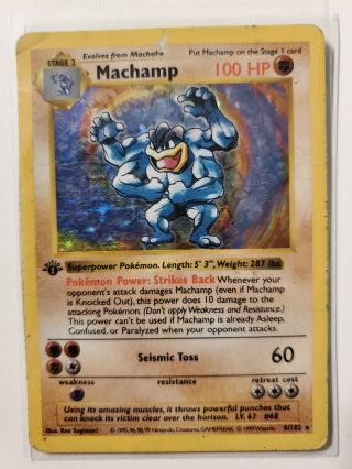 Machamp 1st Edition Shadowless Base Set 8/102 Holo Rare Pokemon Card Heavy Play