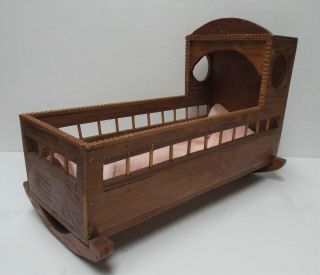 Vintage 12 " Hand Made Wooden Baby Doll Rocking Crib Cradle Bed