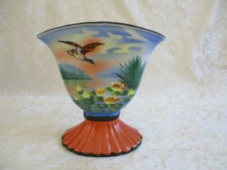 Rare Vintage Gorgeous Sakura Japan Lusterware Blue & Orange Art - Deco Fan Vase