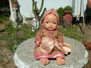 Vintage Composition Baby Doll Sweet Face Old Hand Made Cloths & Bonnet