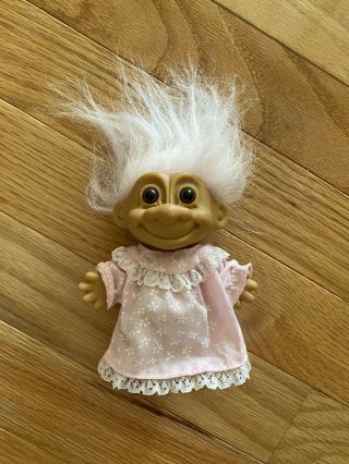 Vintage Russ Troll Doll Girl In Pink Nightgown W/ Pink Hair 5”