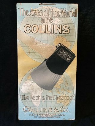 Rare Vintage Collins Axes Of The World Embossed Cardboard Advertising Sign