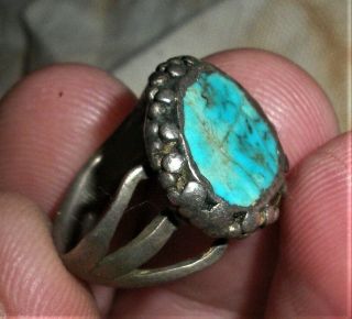 Antique C1920 Navajo Coin Silver & Blue Turquoise Ring Great Wear Vafo