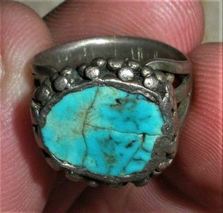 ANTIQUE c1920 NAVAJO COIN SILVER & BLUE TURQUOISE RING GREAT WEAR vafo 2