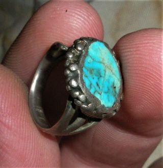 ANTIQUE c1920 NAVAJO COIN SILVER & BLUE TURQUOISE RING GREAT WEAR vafo 3