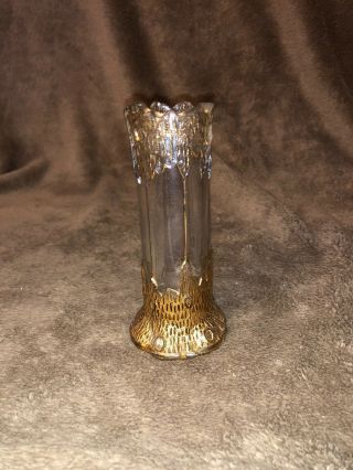 Antique Vintage Clear Glass Vase With Gold Paint 5 " Tall