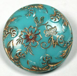 Antique Victorian Glass Button Turquoise W Incised Floral & Gold 7/8 " 1890