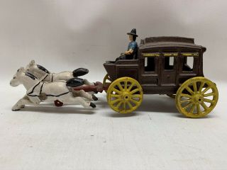 Antique Vintage Cast Iron Horse - Drawn Stage Coach Metal Toy With Driver