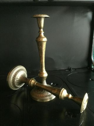 Pair Vintage Antique Brass Candlesticks Candle Holders 14 " Aged Patina