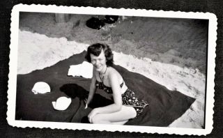 Vintage Antique Photograph Sexy Young Woman In Bathing Suit Sitting On Blanket