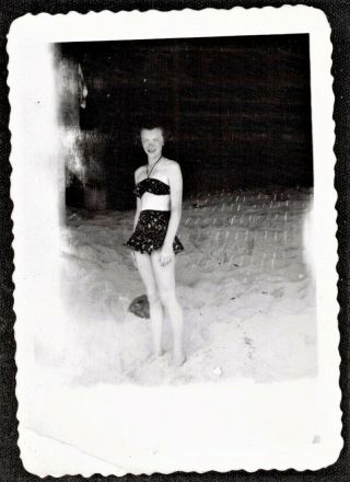 Antique Photograph Sexy Young Woman In Bathing Suit Standing In Sand At Beach