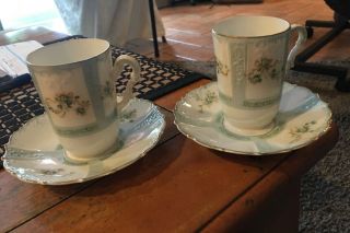 2 Pair Antique German Demi Tasse Cup & Saucers Light Blue Pink Flowers & Bows