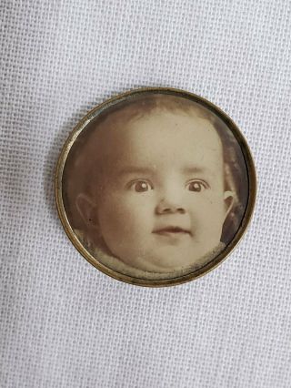 Antique Victorian Sepia Baby Picture Pin Photo Memorial Mourning? Brass?