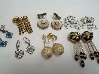Vintage Antique Ot Of 7 Rhinestone Faux Pearl Glass Beaded Dangle Earrings