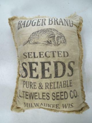 Antique Advertising Badger Brand Seed Bag Milwaukee Wi Teweles Pillow Vintage