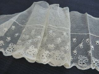 Antique Vtg French Tambour Lace Cotton Net Tiny Flowers Doll Dress Flounce 3.  5 W
