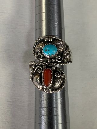 Antique 925 Sterling Silver Navajo Turquoise & Red Coral Stones Ring - Size 5 3