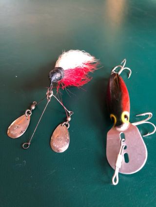 2 Old Fishing Lures Red And White Hair Shannon Twin Spinner Thin Fin Hot N Tot