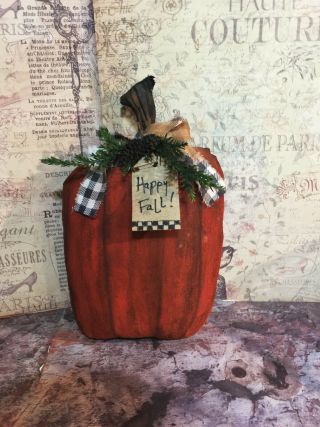 Primitive 9x6in Pumpkin Shelf Sitter Fabric Handmade Country Old Rusty Doll