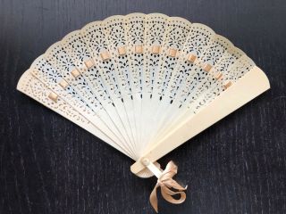 Vintage Antique French Celluloid Brise Carved Hand Fan Silk Ribbon Art 1 Of 8