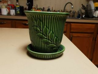 Antique Art Pottery Planter Shawnee Usa 465 Green Ribbed Outer Surface W/leaves